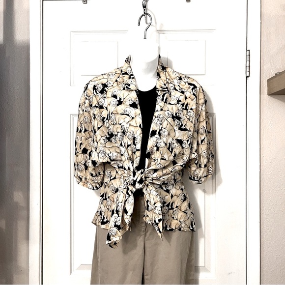 Bull Dog Button Down Short Sleeve Shirt Renate Schuler Raw Silk Yellow Black - Picture 3 of 9